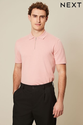 Pink Knitted Regular Fit Zip print Polo Shirt (872943) | £24