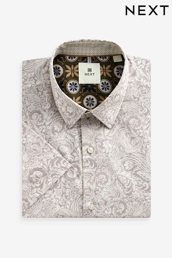 Neutral Brown Paisley Regular Fit Printed Short Sleeve Shirt (873708) | £32