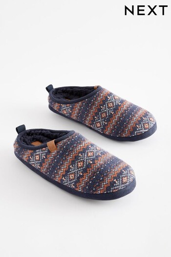 Navy Blue Knitted Fairisle Pattern Mule Slippers (874093) | £18