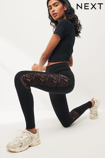 Black/Coral Next Active Sports Tummy Control High Waisted Full Length Lace Panel Leggings (874226) | £34