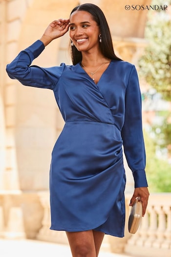 Sosandar Blue Satin Long Sleeve Wrap Dress (874863) | £79