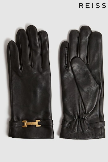 Reiss Black Harriet Leather Hardware Gloves (875348) | £78