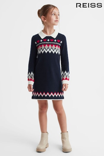 Reiss Navy Billie Junior Knitted Fairisle Dress (875813) | £64