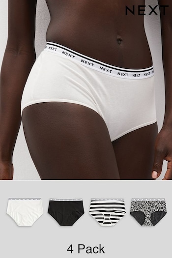 White/Black Printed Midi Cotton Rich Logo Knickers 4 Pack (875829) | £18