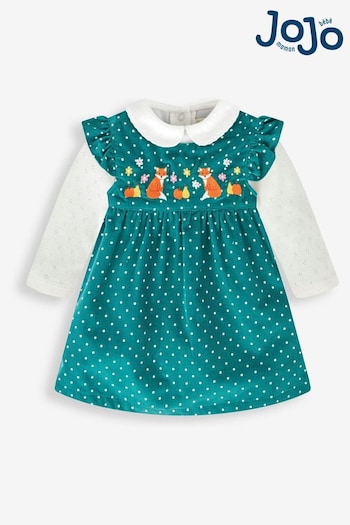JoJo Maman Bébé Green Fox & Fruit Girls' 2-Piece Embroidered Cord Baby Dress & Body Set (876308) | £29.50