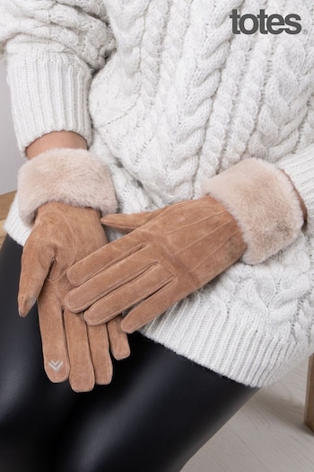 Totes Nude Isotoner Three Point Suede Ladies Gloves With Faux Fur Cuff (876615) | £26