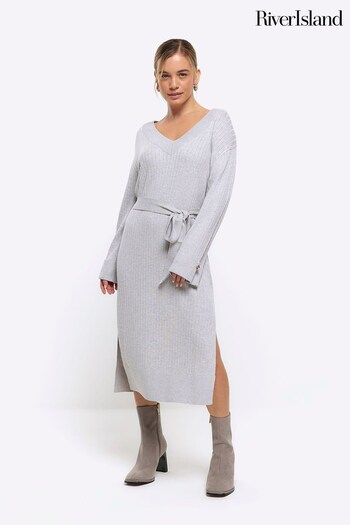 River Island Grey Petite V-Neck Bow Midi Dress (877607) | £45