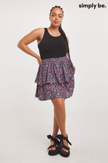 Simply Be Black Ditsy Floral Textured Jersey Tiered Skirt (877946) | £22