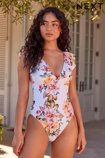 Pink/Cream Floral Frill Plunge Tummy Control Swimsuit (878363) | £39