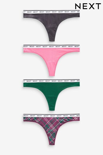 Pink/Purple Check Thong Cotton Rich Logo Knickers 4 Pack (878465) | £17