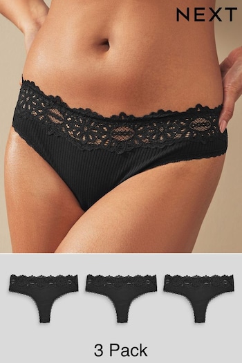 Black Thong Lace Top Rib Knickers 3 Pack (878964) | £18