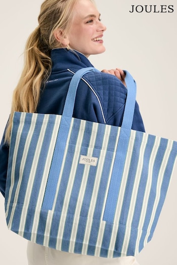 Joules Promenade Blue & White Striped Canvas Beach Bag (879358) | £24.95