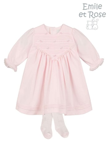 Emile Et Rose Pink Jersey Dress with V-shape Pintucked & Embroidered Yoke & Tights (880378) | £57