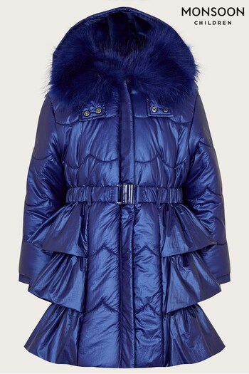 Monsoon Blue Shimmer Ruffle Hem Padded Coat (881527) | £65 - £75