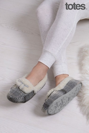 Totes Grey Ladies Brushed Check Moccasin Slippers (882094) | £30