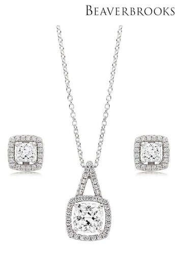 Beaverbrooks Sterling Silver Halo Cubic Zirconia Pendant & Earrings Set (882100) | £125