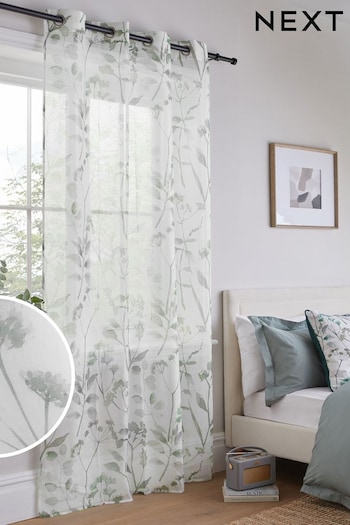 Green Isla Floral Printed Eyelet Unlined Sheer Panel Voile Curtain (882534) | £18 - £26