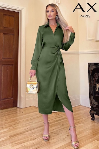 AX Paris Olive Green Wrap Satin Shirt Midi Dress (882800) | £50