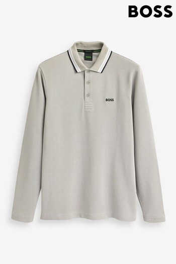 BOSS Grey Plisy Collar Detail Long Sleeve Polo Shirt (882832) | £99