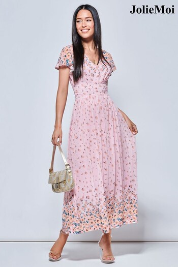 Jolie Moi Pink Mirrored Floral Print Mesh Maxi Dress (883044) | £95
