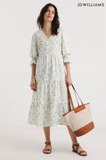 JD Williams Green Print Cotton Dobby Button Through Dress with Puff Sleeve (883059) | £42