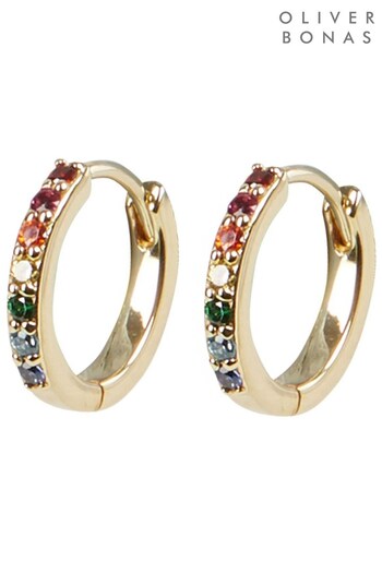 Oliver Bonas Rainbow Stone Inlay Gold Plated Brass Huggie Earrings (883204) | £40