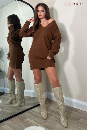 Girl In Mind Brown Victoria V-Neck Long Sleeve Knitted Mini Dress (885740) | £38
