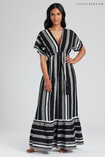 South Beach Black Embroidered Jacquard V-Neck Tiered Maxi los Dress (886139) | £42