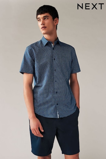 Navy Blue Geometric Printed Linen Blend Shirt (887070) | £34