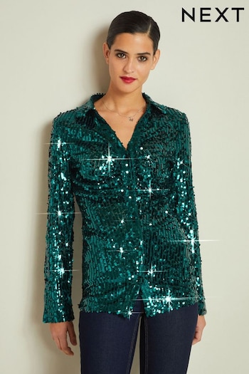 Green Long Sleeve Sequin Ruched Shirt (887131) | £55