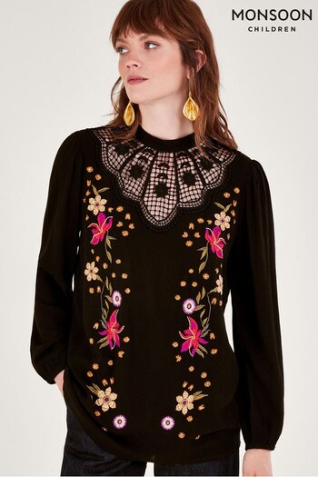 Monsoon Cutwork Floral Embroidered Black Top (887144) | £80