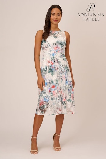 Adrianna Papell Floral Printed Veiled White Dress (887373) | £259