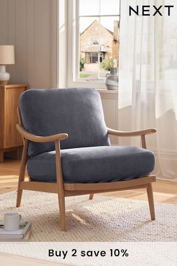 Fine Chenille Granite Blue, Light Oak Effect Frame Hampton Wooden Accent Chair (888946) | £299