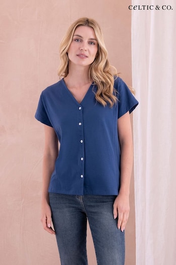 Celtic & Co. Blue Organic Cotton Button Through Short Sleeve Jersey Shirt (889433) | £52