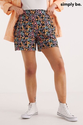 Simply Be Floral Print Supersoft Jersey City Black Shorts (889434) | £18