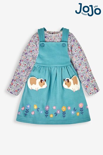 JoJo Maman Bébé Duck Egg Green Guinea Pig Girls' 2-Piece Appliqué Pinafore Dress & Top Set (889679) | £26.50