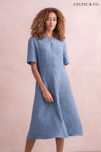 Celtic & Co. Blue Linen Button Through Midi Skinny Dress (889730) | £145