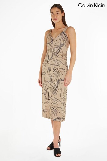 Calvin Klein Natural Surface Print Slip Dress (889767) | £300