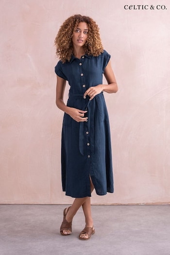 Celtic & Co.Blue Linen Button Through Midi Shirt organic Dress (890185) | £149