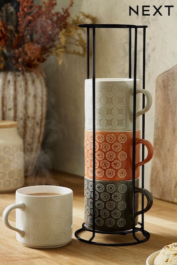 Set of 4 Natural Mixed Geo Pattern Stacking Mugs with Stand (890612) | £26