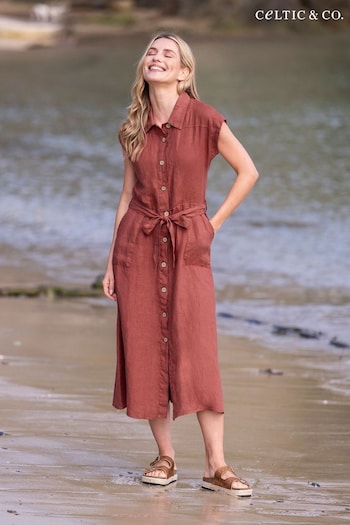 Celtic & Co. Red Linen Button Through Midi Shirt organic Dress (890789) | £149