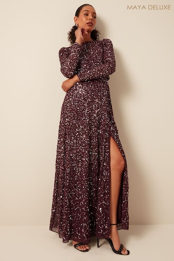 Maya Red All Over Embellished Wrap Skirt Long Sleeve Maxi Dress (891776) | £195