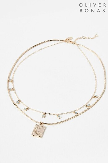 Oliver Bonas Gold Tone Astria Moon Engraved Pendant Double Row Necklace (891892) | £26