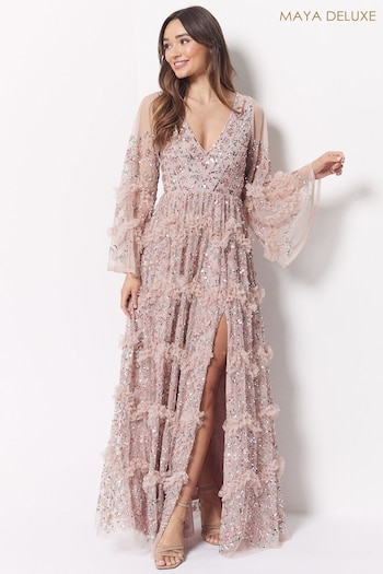 Maya Pink Embellished Long Sleeve Split Maxi Dress (892416) | £245