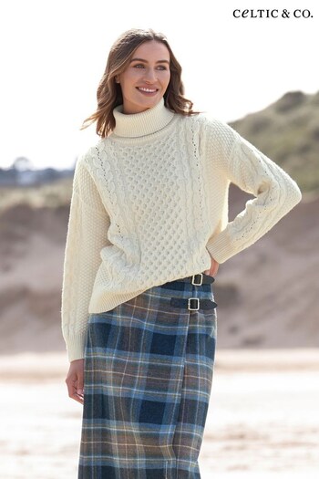Celtic & Co. Cream Lambswool Organic Cotton Cable Roll Neck Jumper (892436) | £145