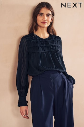Navy Sheer Pintuck Pleated Blouse (892600) | £26