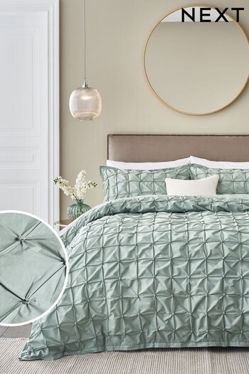 Sage Green Textured Pleats Plain Duvet Cover And Pillowcase Set (892945) | £30 - £60