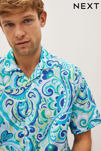 Blue/Green Short Sleeve Printed Shirt With Cuban Collar (893214) | £13.50