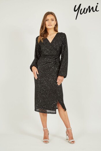 Yumi Black Sequin Ruched Wrap Long Sleeve Dress (893235) | £25