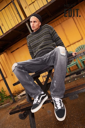 Green/Grey EDIT Regular Knitted Stripe Crew Jumper (894019) | £38